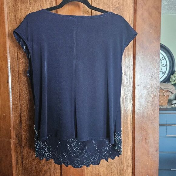 Navy Embellished Scoop Neck Blouse Cap Sleeve Lightweight Top Women’s Large L - Picture 2 of 6